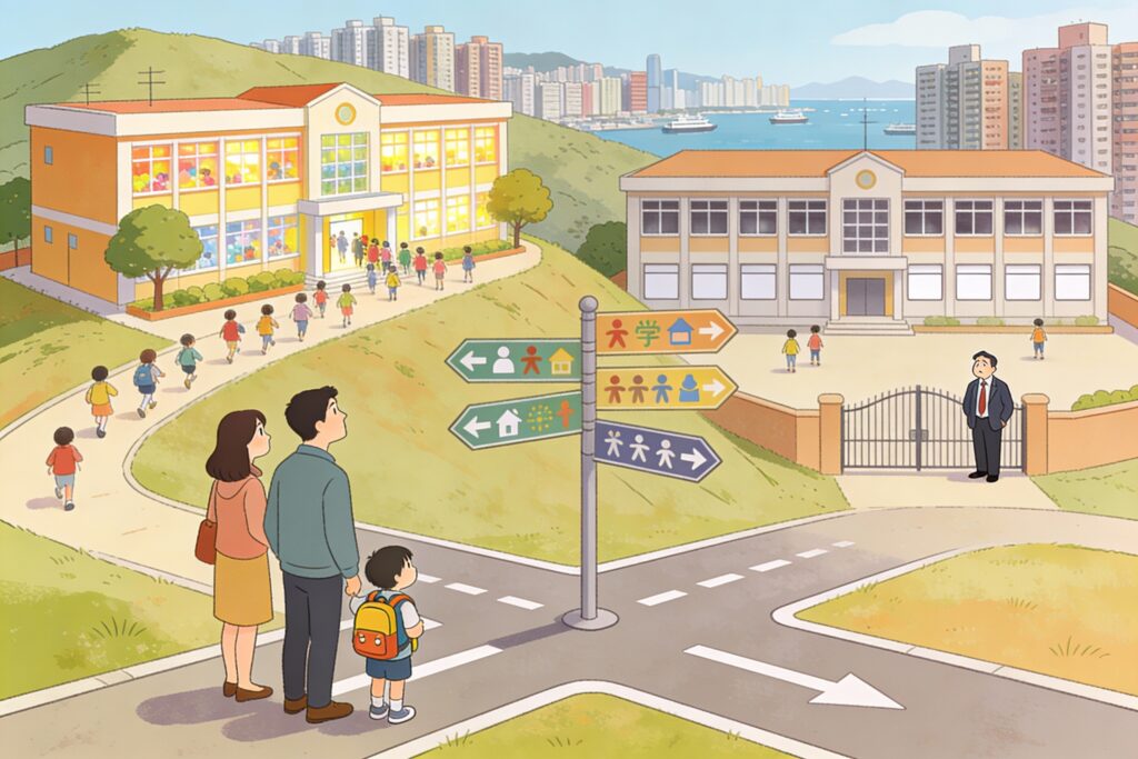 橫向卡通插畫：兩間建在山坡上的香港小學並排而立，一間校園熱鬧有許多學生進出、窗戶明亮，另一間則顯得冷清，只見少數學生和一位神情憂心的校長站在校門前；畫面前方是一家三口帶著就讀幼稚園高班的孩子，在寫有多個箭頭指向不同學校圖示的路牌前思考選校方向，遠處可見密集樓宇和海港景色，整體以柔和粉彩色營造既溫暖又帶點憂慮的氣氛