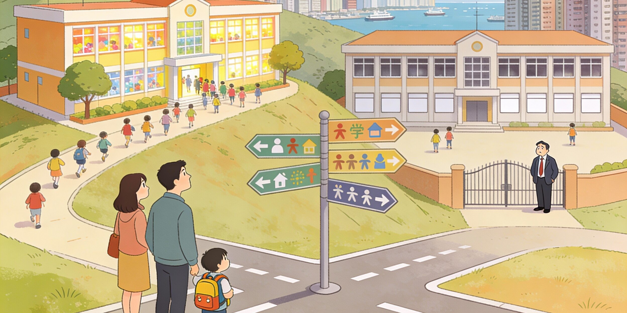 橫向卡通插畫：兩間建在山坡上的香港小學並排而立，一間校園熱鬧有許多學生進出、窗戶明亮，另一間則顯得冷清，只見少數學生和一位神情憂心的校長站在校門前；畫面前方是一家三口帶著就讀幼稚園高班的孩子，在寫有多個箭頭指向不同學校圖示的路牌前思考選校方向，遠處可見密集樓宇和海港景色，整體以柔和粉彩色營造既溫暖又帶點憂慮的氣氛