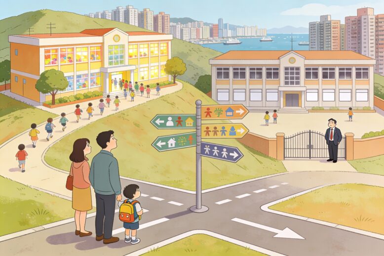 橫向卡通插畫：兩間建在山坡上的香港小學並排而立，一間校園熱鬧有許多學生進出、窗戶明亮，另一間則顯得冷清，只見少數學生和一位神情憂心的校長站在校門前；畫面前方是一家三口帶著就讀幼稚園高班的孩子，在寫有多個箭頭指向不同學校圖示的路牌前思考選校方向，遠處可見密集樓宇和海港景色，整體以柔和粉彩色營造既溫暖又帶點憂慮的氣氛